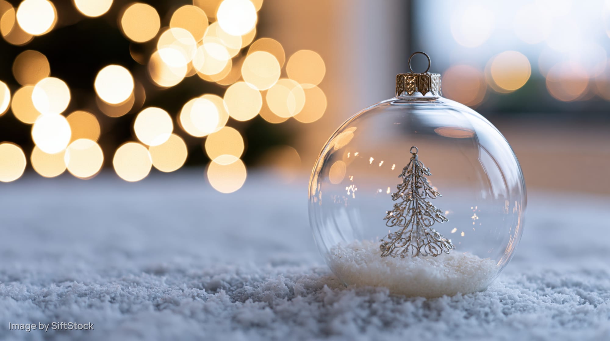 Clear glass christmas ornament with wire tree inside resting on snowy surface with blurred lights behind
