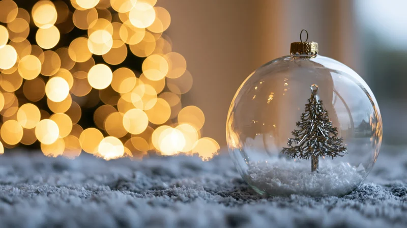 Clear glass christmas ornament with small tree inside resting on snowy surface near blurred golden lights