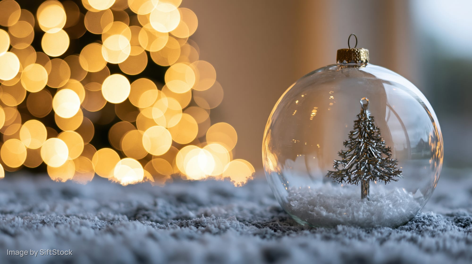 Clear glass christmas ornament with small tree inside resting on snowy surface near blurred golden lights