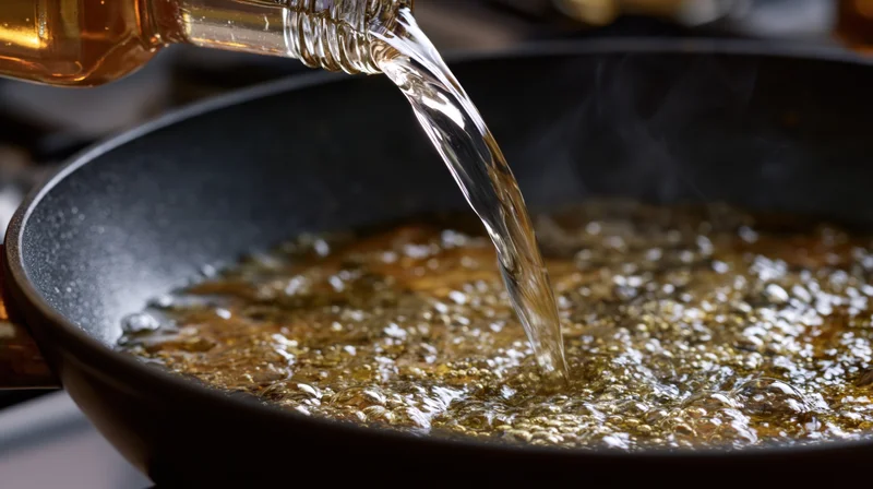 Clear liquid pouring from a glass bottle into a dark nonstick frying pan with steam rising