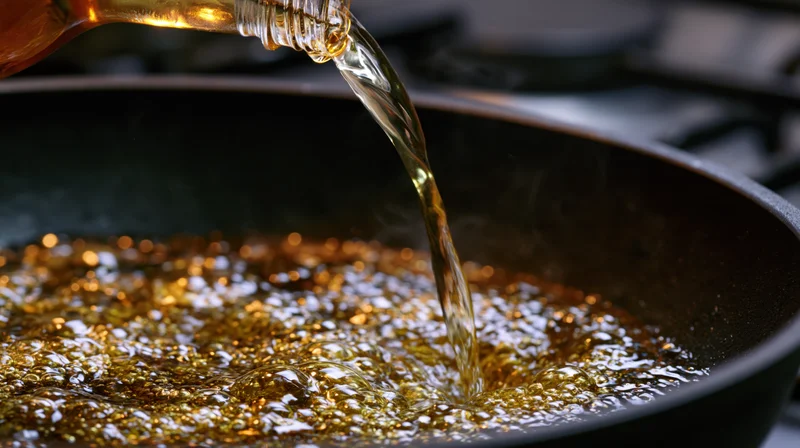 Golden oil pouring from a glass bottle into a dark nonstick frying pan on a stove