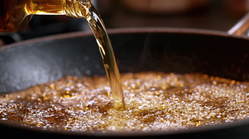 Golden oil pouring from a glass bottle into a hot nonstick frying pan