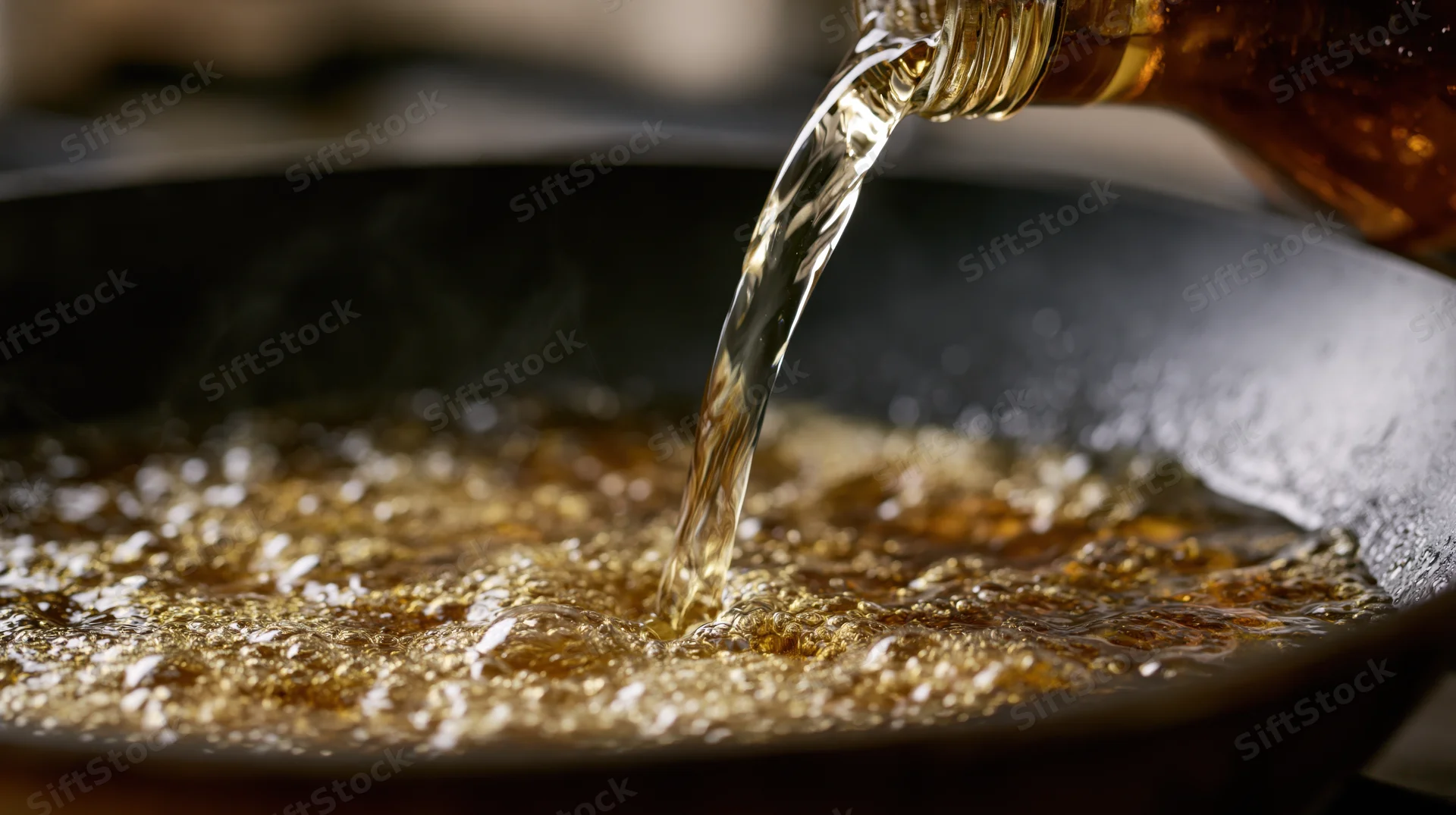 Clear liquid pouring from a glass bottle into a dark nonstick pan