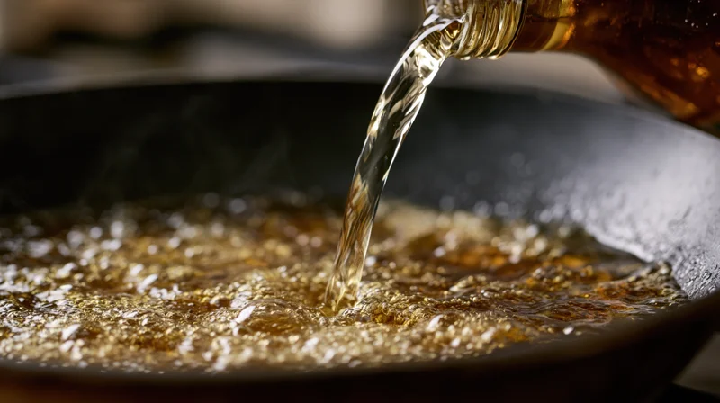 Clear liquid pouring from a glass bottle into a dark nonstick pan