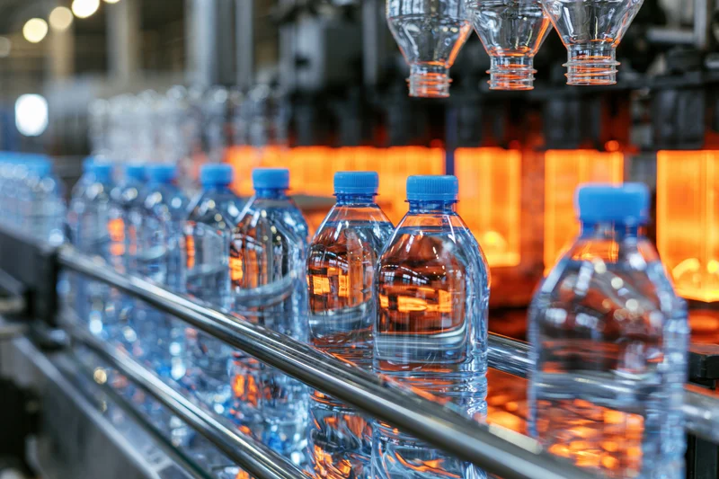 Clear plastic water bottles moving along a stainless steel conveyor in a factory