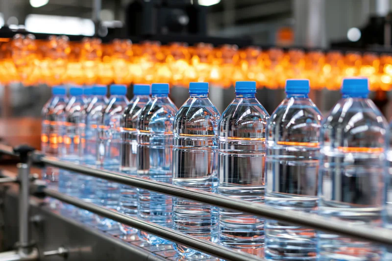 Clear plastic water bottles moving along a stainless steel conveyor in a factory