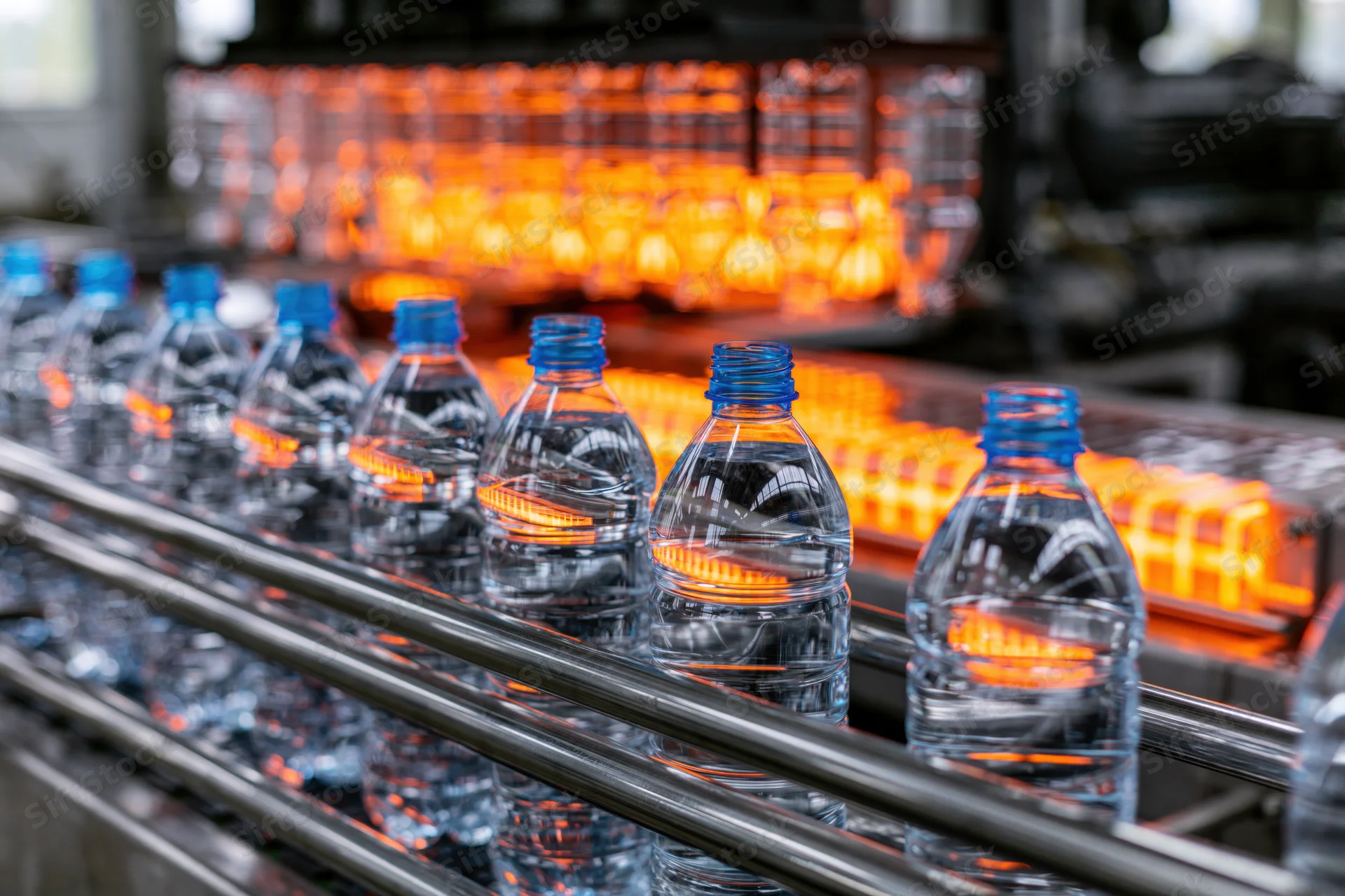 Clear plastic water bottles moving along a stainless steel conveyor in a factory production line