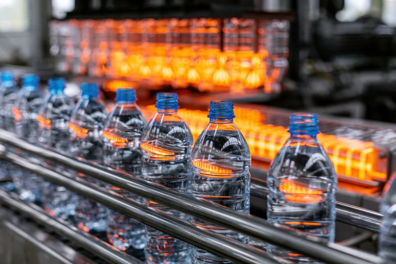 Clear plastic water bottles moving along a stainless steel conveyor in a factory production line