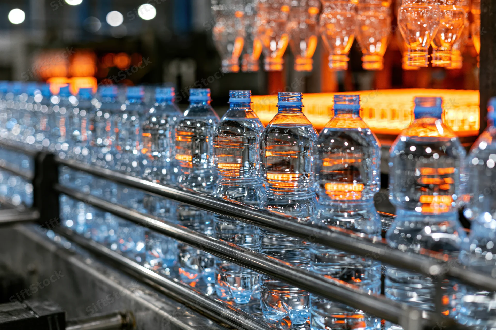 Clear plastic water bottles moving along a stainless steel conveyor in a bottling factory