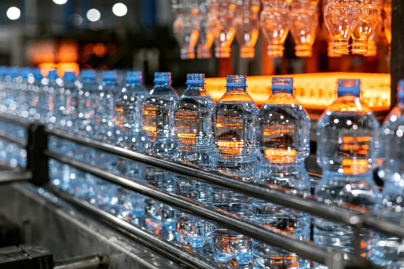 Clear plastic water bottles moving along a stainless steel conveyor in a bottling factory