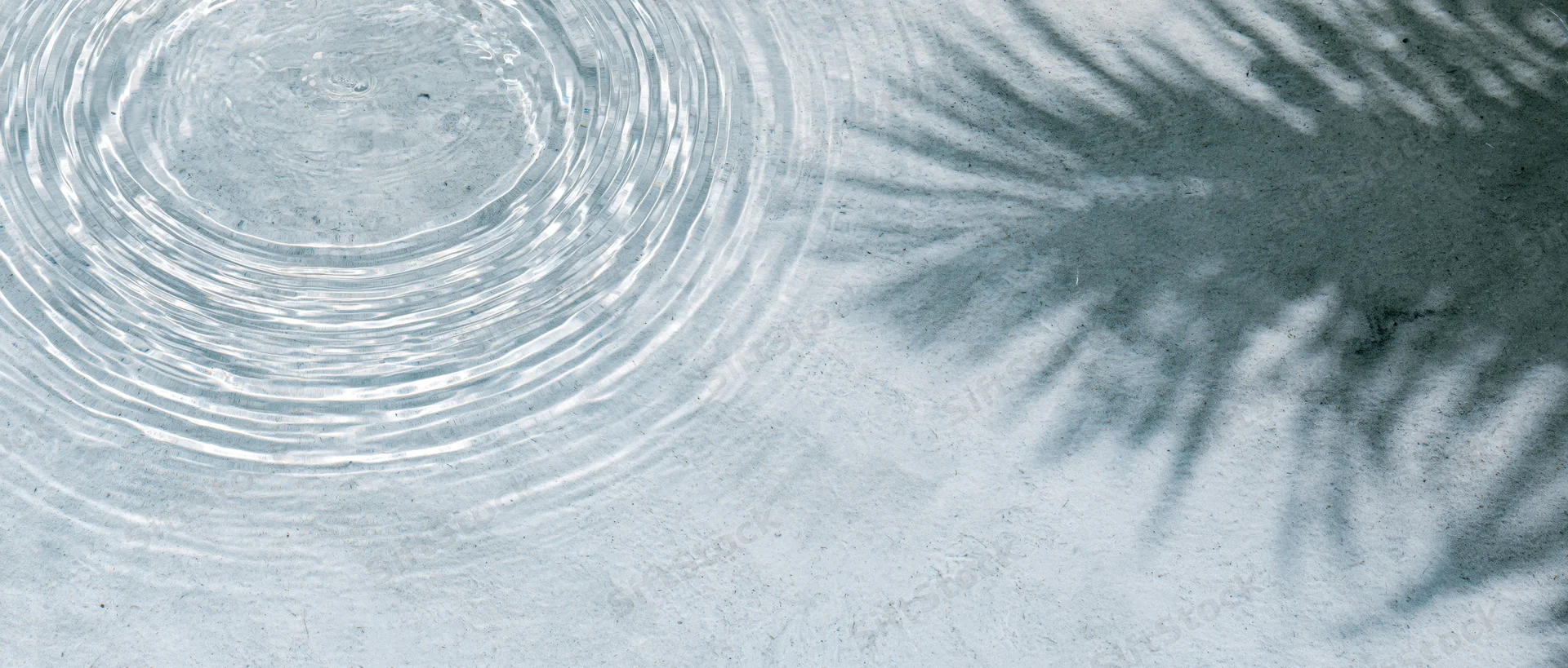Shallow water surface with concentric ripples and palm leaf shadows from above