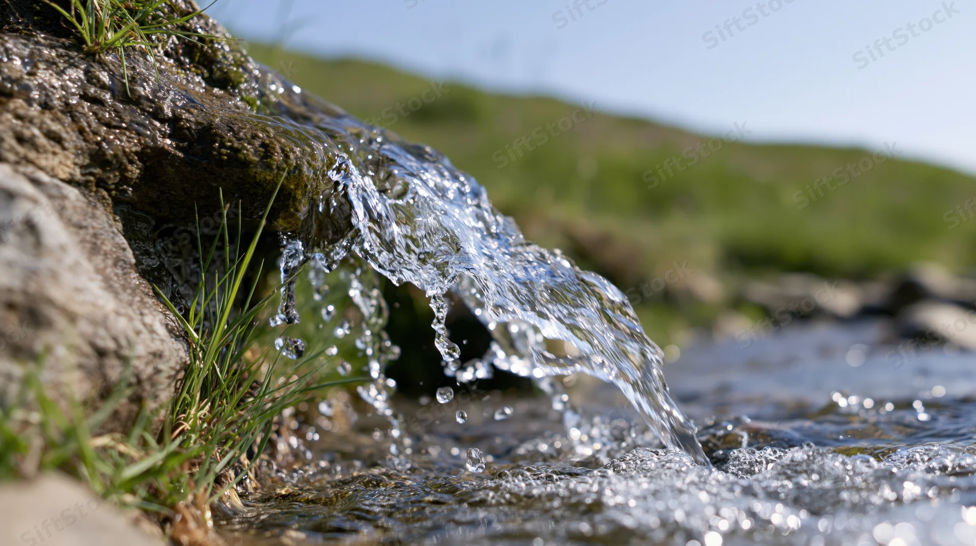 Clear water flowing over a mossy rock into a shallow stream in a grassy outdoor setting