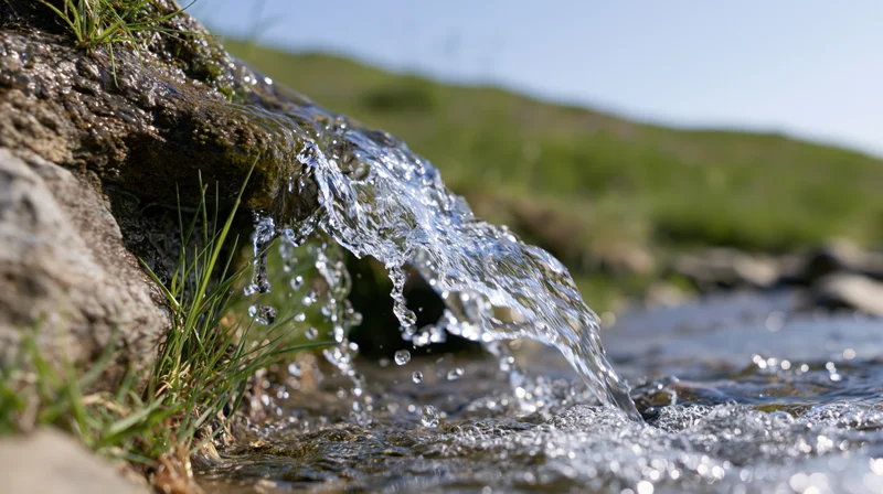 Clear water flowing over a mossy rock into a shallow stream in a grassy outdoor setting