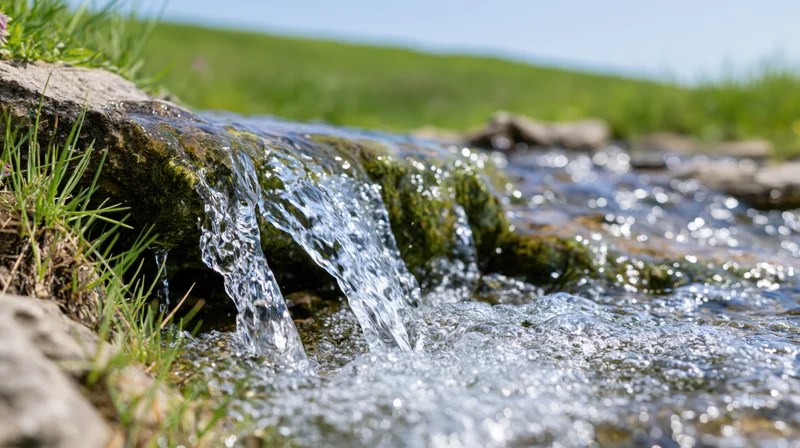 Clear water flowing over a mossy rock into a shallow stream in a grassy meadow
