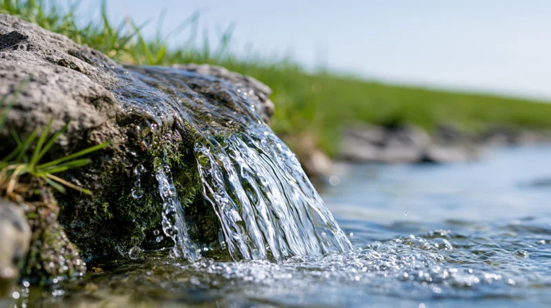Clear water flowing over a mossy rock into a shallow stream outdoors