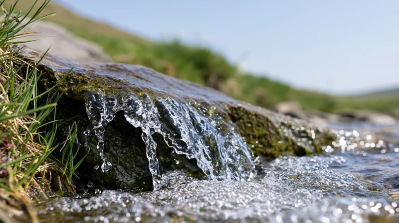 Clear water flowing over a mossy rock into a shallow stream in a grassy outdoor setting