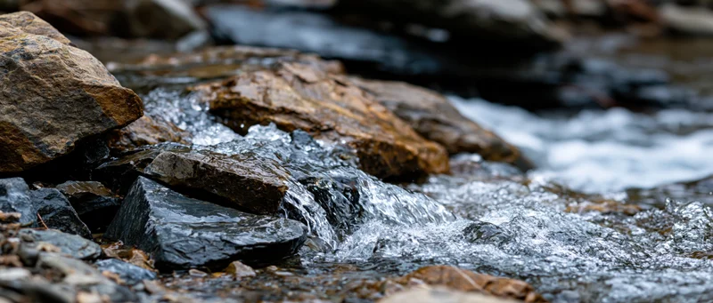 Clear water flowing over jagged wet rocks in a natural stream setting
