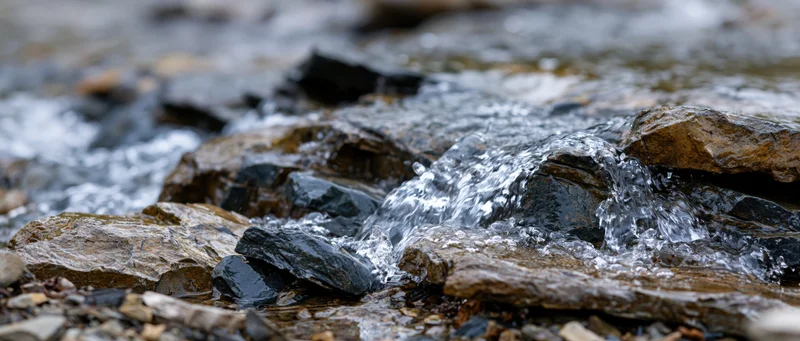 Clear water flowing over jagged wet rocks in a natural stream setting