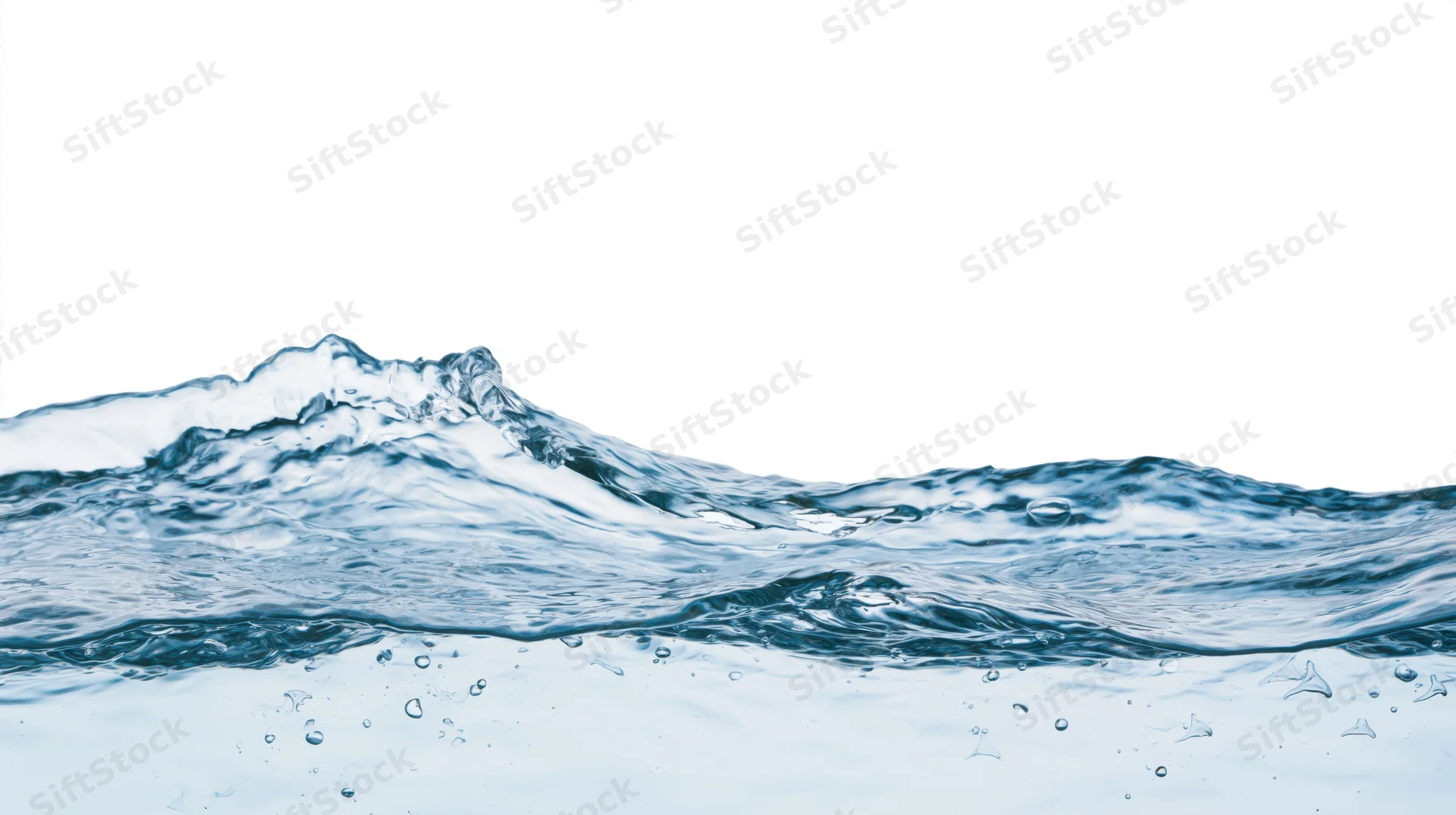 Clear water splash forming a curling wave with bubbles and ripples against white background