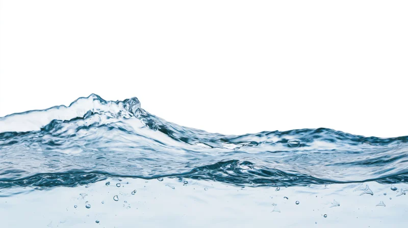 Clear water splash forming a curling wave with bubbles and ripples against white background