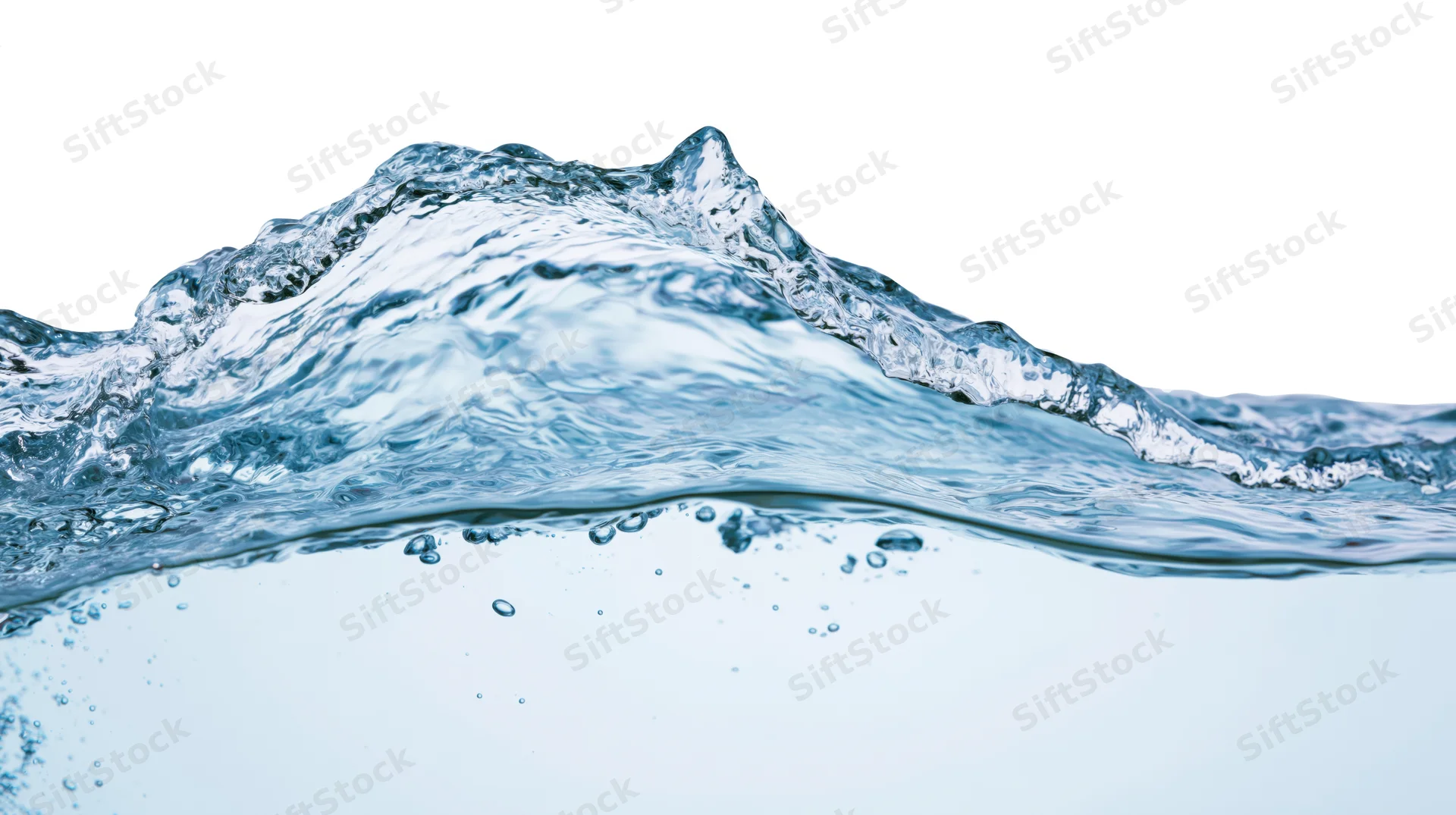Clear water splash forming a curling wave mid-motion against white background