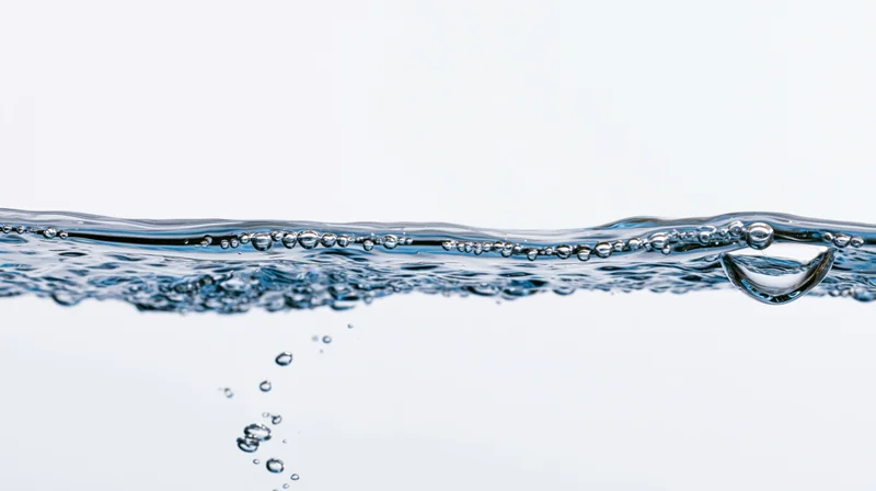 Clear water surface with bubbles and droplet against white background