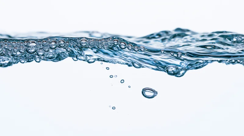 Clear water surface with bubbles and ripples against white background