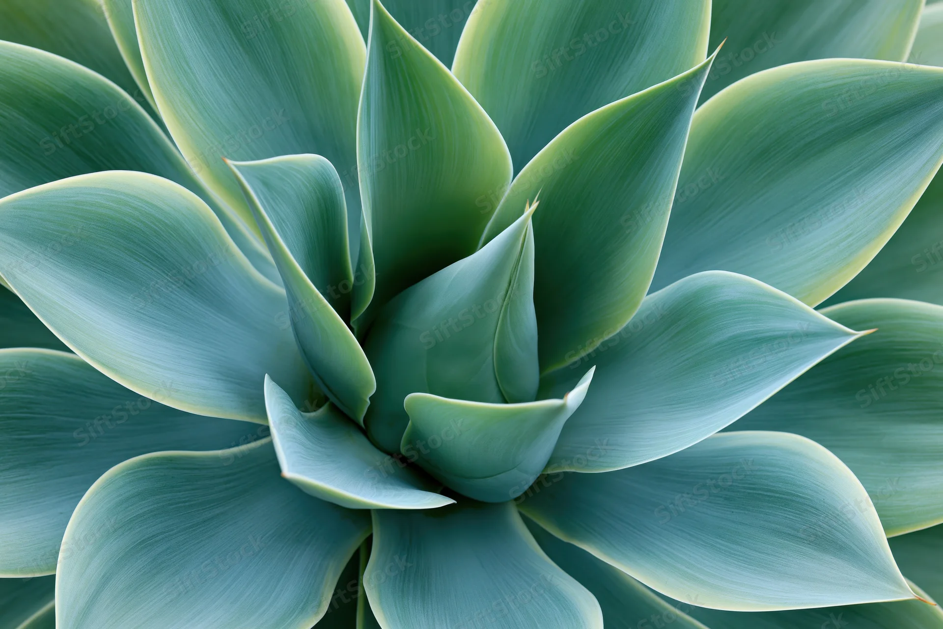 Close-up of agave plant rosette center showing layered blue-green leaves in spiral pattern