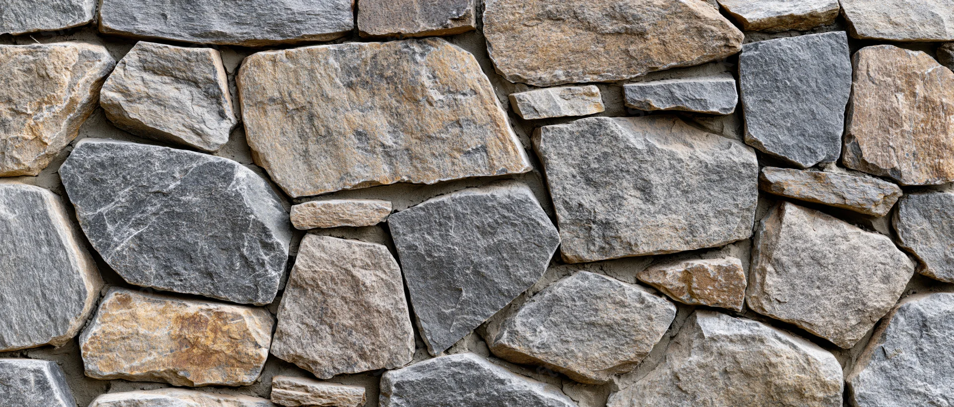Close-up of a dry-stacked rubble stone wall with irregular gray and beige stones forming a textured outdoor surface