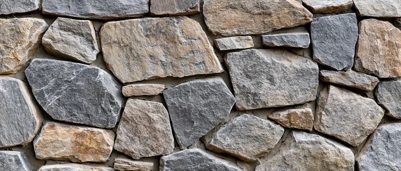 Close-up of a dry-stacked rubble stone wall with irregular gray and beige stones forming a textured outdoor surface