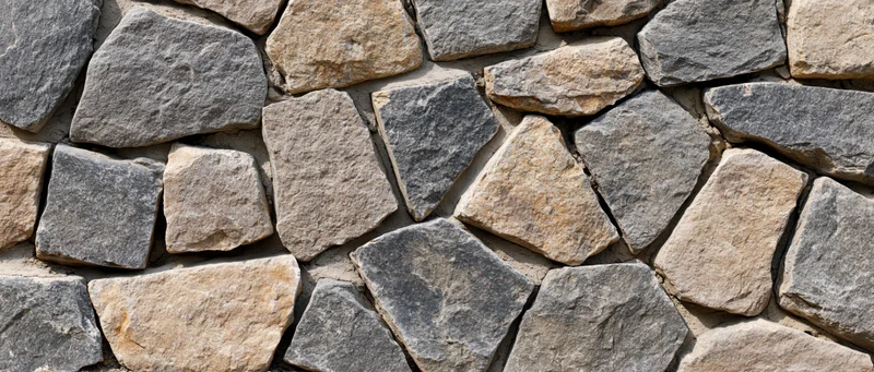 Close-up of a dry-stacked rubble stone wall with irregular gray and beige stones forming a textured outdoor surface