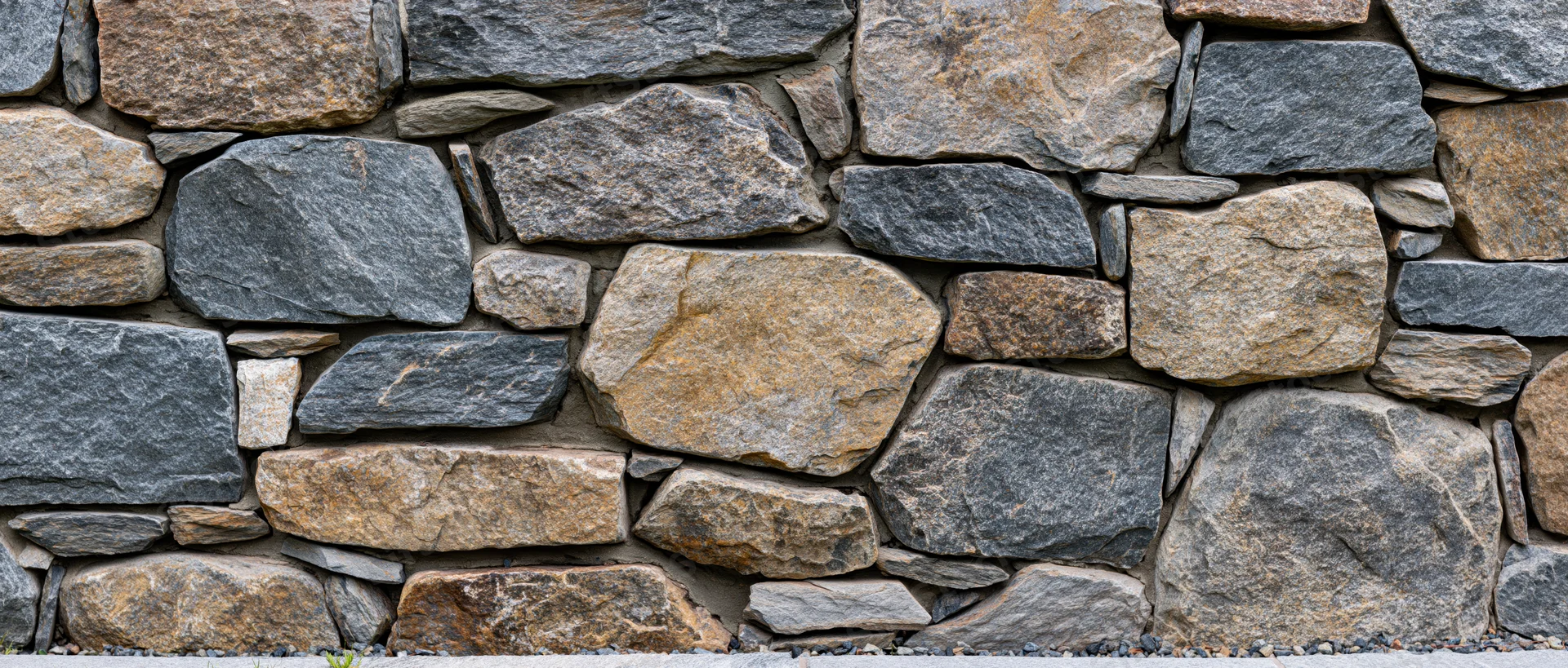 Close-up of a dry-stacked rubble stone wall with irregularly shaped stones in gray and brown tones
