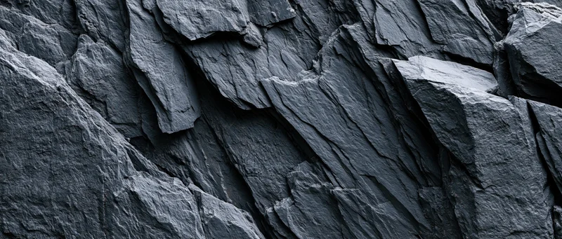 Close-up of dark slate rock face with layered fractures and rugged texture