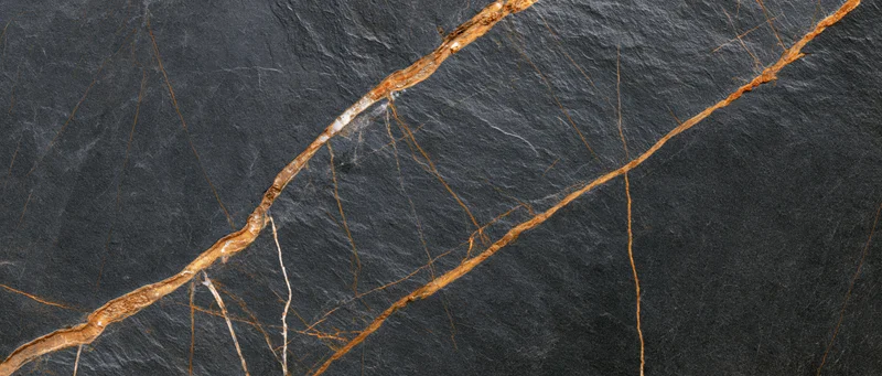 Close-up of polished black marble slab with gold and brown veining