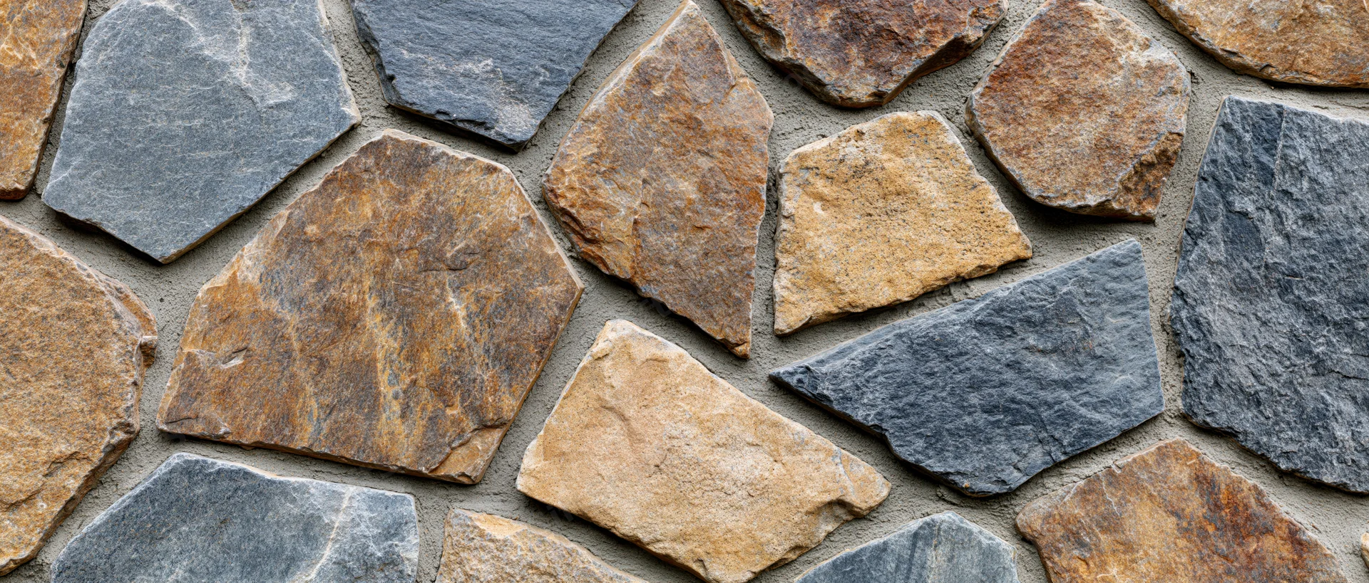 Close-up of a dry-stack rubble stone wall with irregularly shaped stones in gray, brown and beige tones