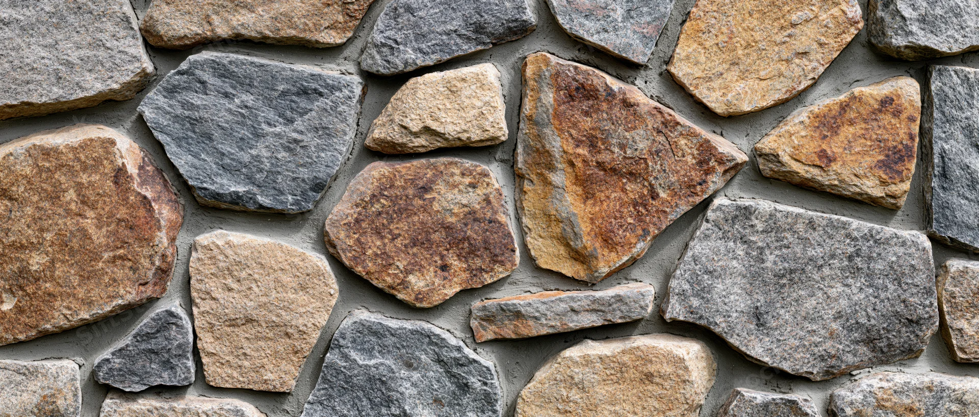 Close-up of a dry-stack rubble stone wall with irregularly shaped stones in natural earth tones, forming a textured outdoor facade