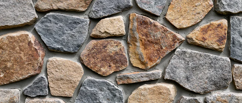 Close-up of a dry-stack rubble stone wall with irregularly shaped stones in natural earth tones, forming a textured outdoor facade