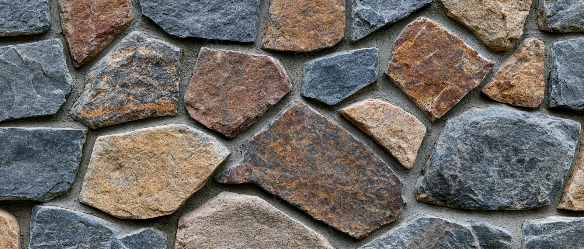 Close-up of a dry-stack rubble stone wall with irregularly shaped stones in gray, brown and beige tones forming a textured outdoor surface