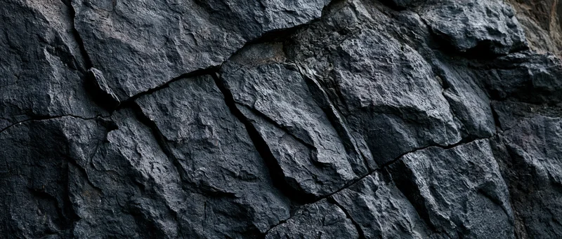 Close-up of a rough dark basalt rock face with visible cracks and layers