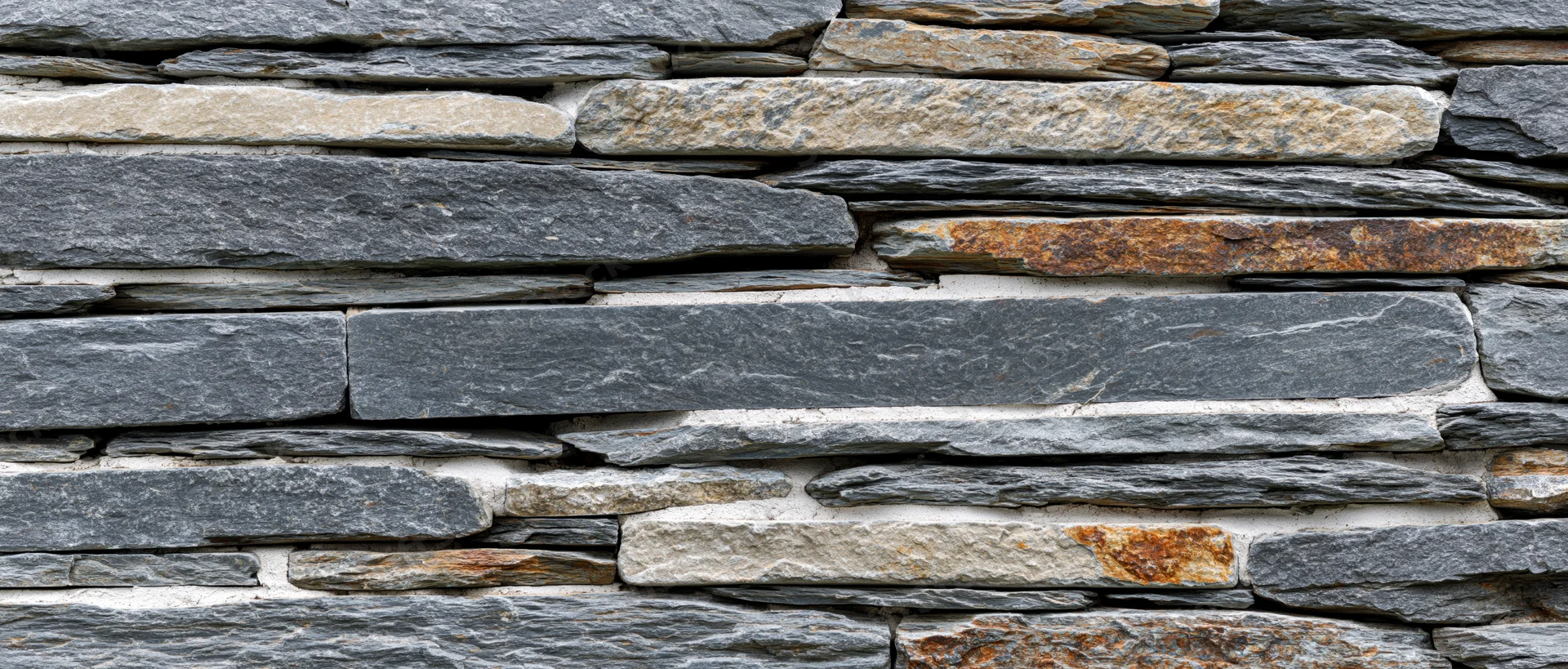 Close-up of stacked slate stone wall covering an exterior surface