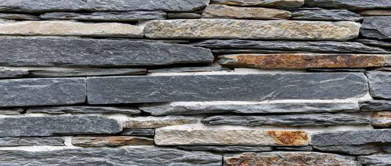 Close-up of stacked slate stone wall covering an exterior surface