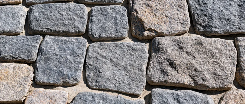 Close-up of an old granite cobblestone wall with rough texture and mortar joints