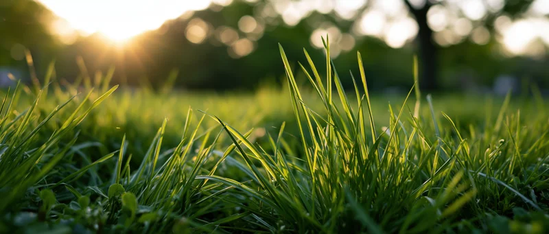 Close-up of green grass blades in a sunlit outdoor field at ground level