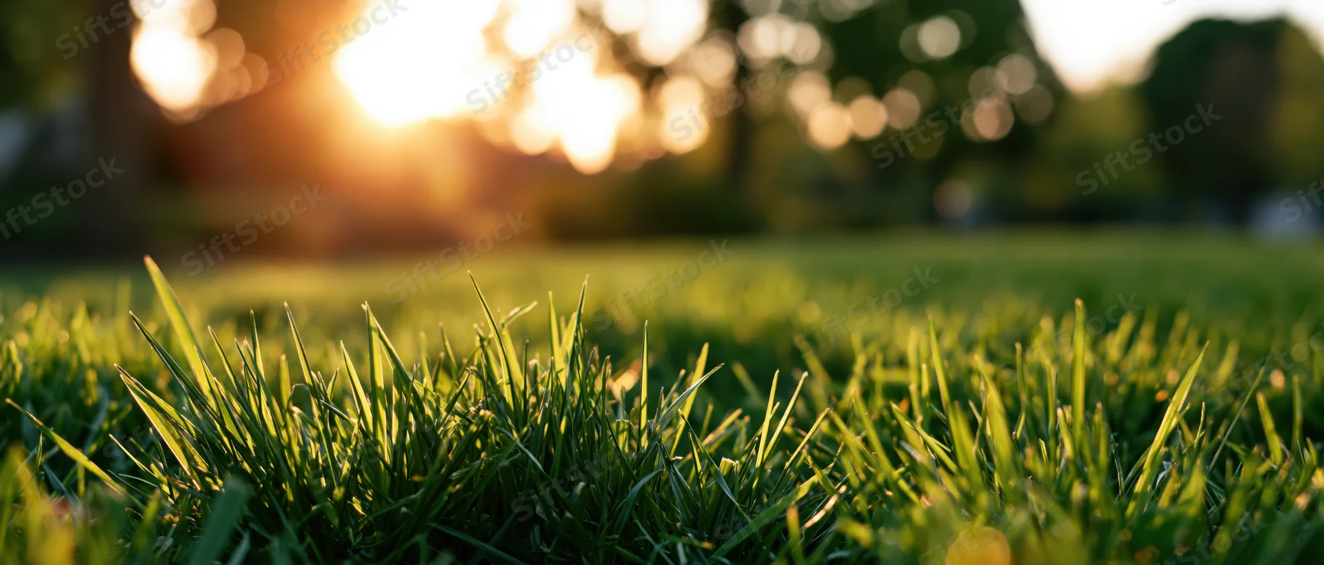 Close-up of green grass blades in a sunlit field at sunrise with blurred trees in the background