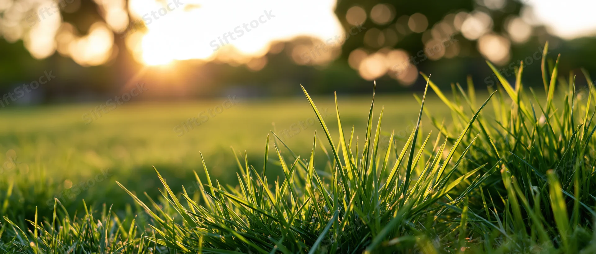 Close-up of green grass blades in a sunlit field at sunrise