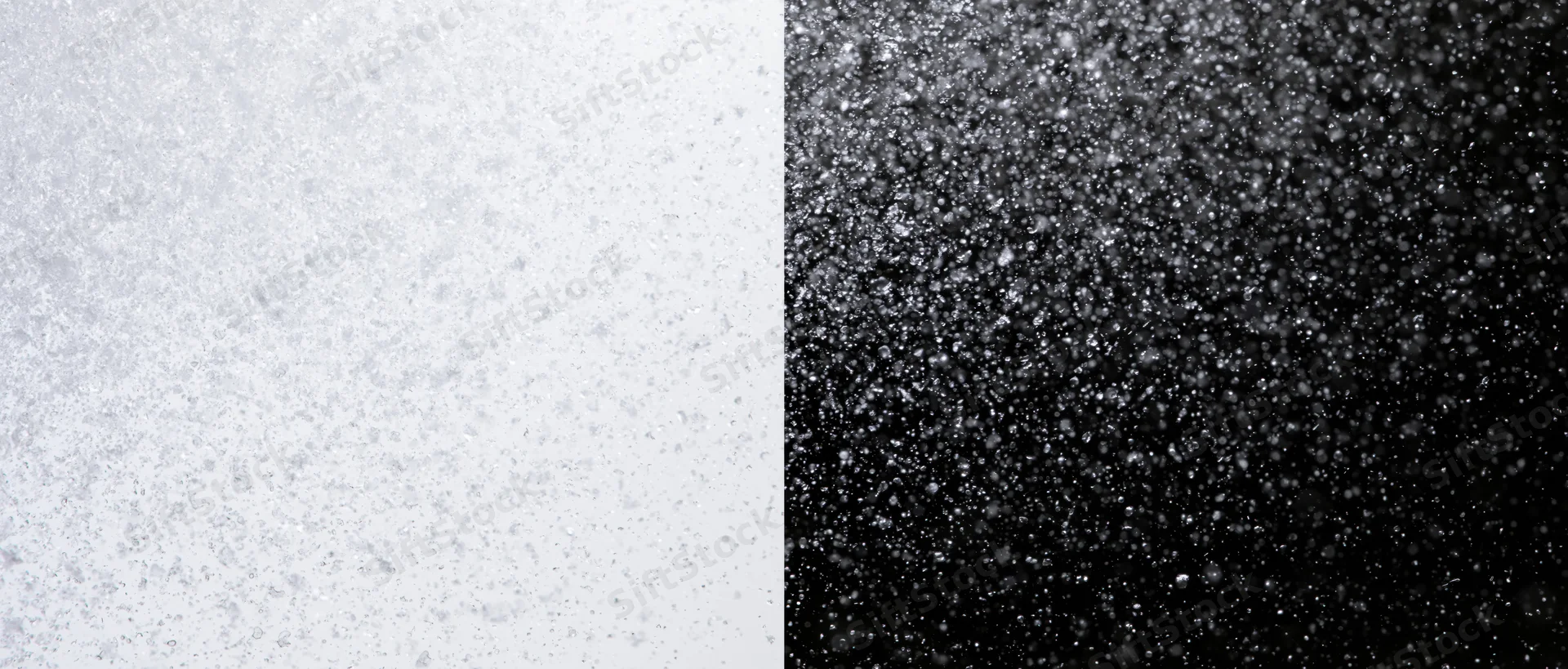 Closeup of snowflakes and water droplets on contrasting white and black surfaces