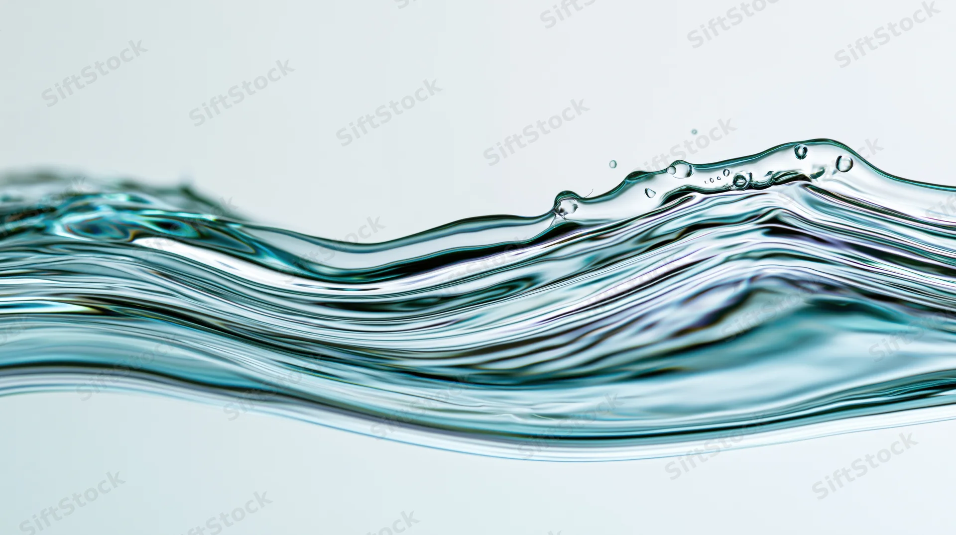 Dynamic water wave mid-splash with droplets and ripples against a white background