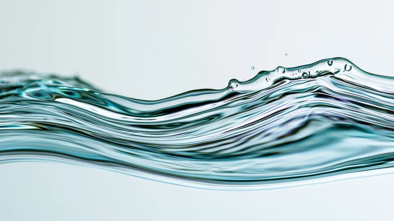 Dynamic water wave mid-splash with droplets and ripples against a white background