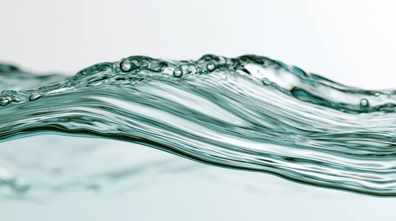 Dynamic water wave mid-splash with bubbles and ripples against a light background