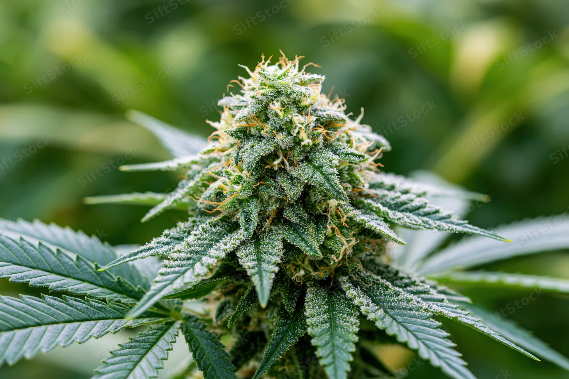 Close-up of a mature cannabis flower bud with frosty trichomes and serrated leaves in a green plant setting